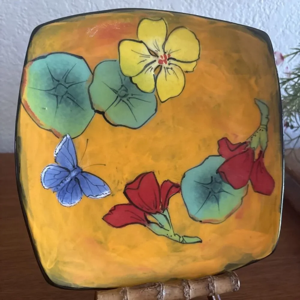 Rainbow Gate Santa Fe Pottery Plate RARE Square Plate Nasturtium Butterfly 7.75